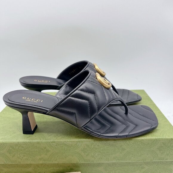 Gucci GG Marmont Chevron Black Kitten Heels Thong Sandals Leather EU 37.5 US 7.5 - Picture 6 of 12